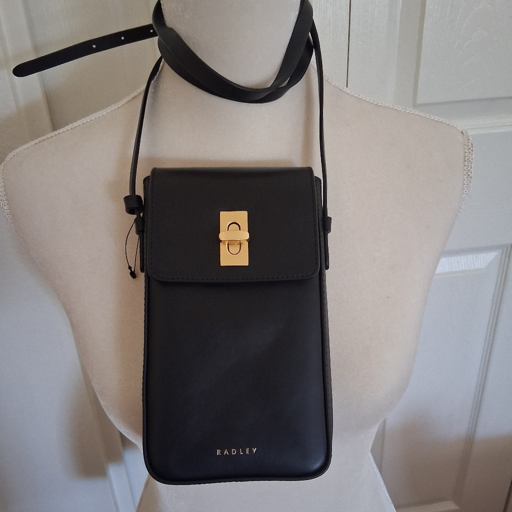 Black Leather Crossbody Bag 4 1/2 × 8"